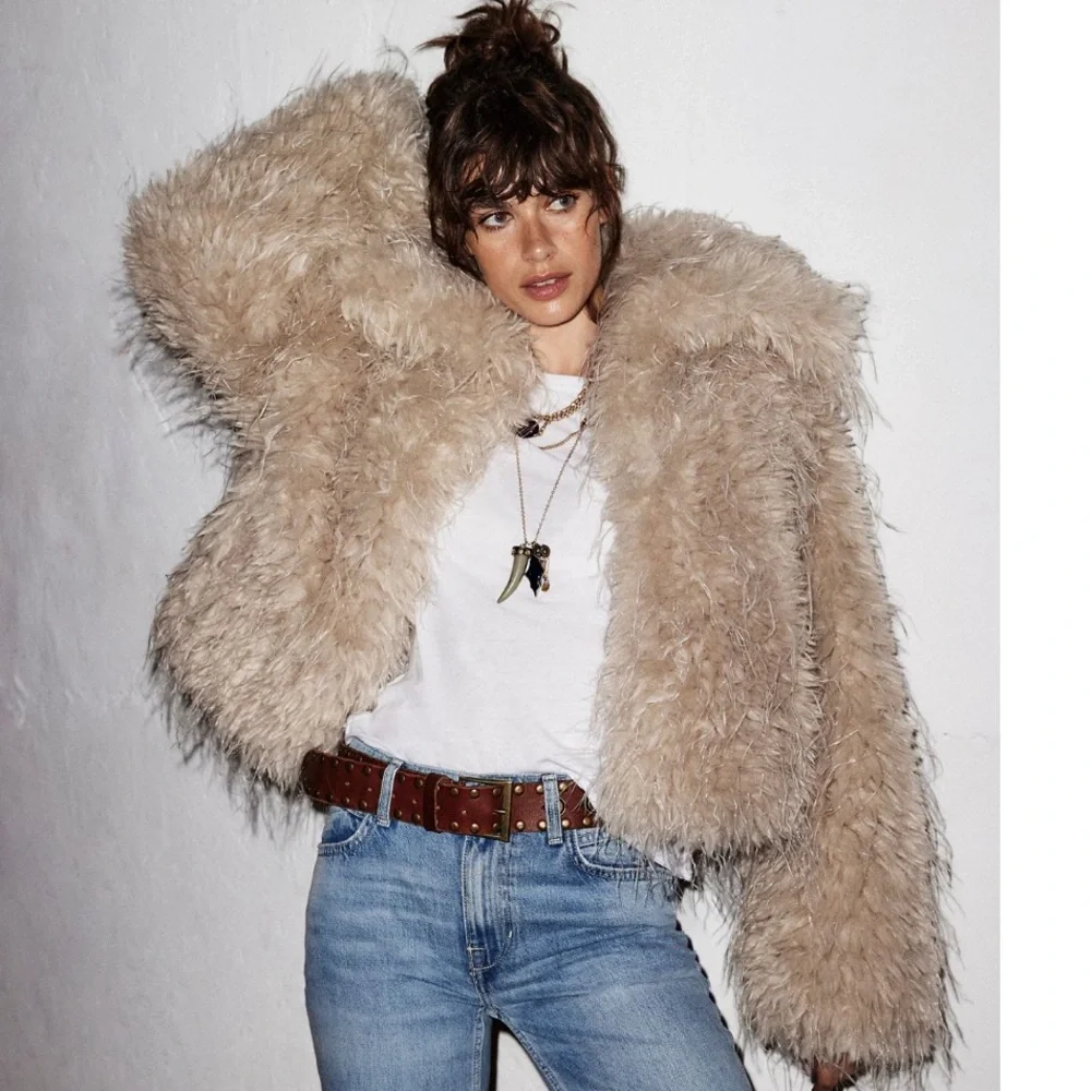 Free people Faux Fur Jacket coat Cream crop cropped FP moonlight off white teddy - Picture 2 of 12